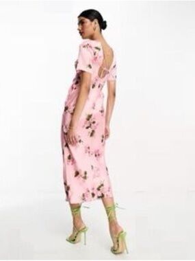 NWT ASOS Design Pink Floral Midi Dress Short Sleeves Back Lace Up Cutout Size 10